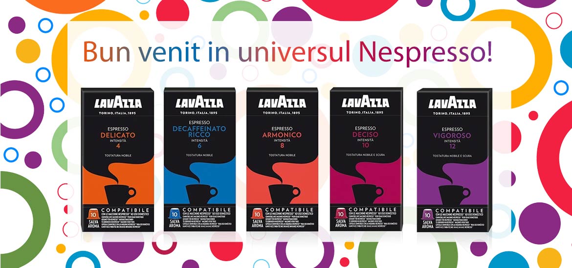 Bun venit in universul Nespresso! Alege sortimentul preferat dintre capsulele compatibile Nespresso produse de Lavazza.